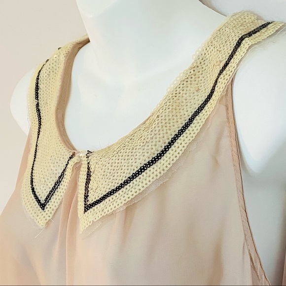 BONGO Sheer Sequin Tulle Neck Raw Hem Collar Chiffon Cream See Tru Blouse Tank - Picture 4 of 4